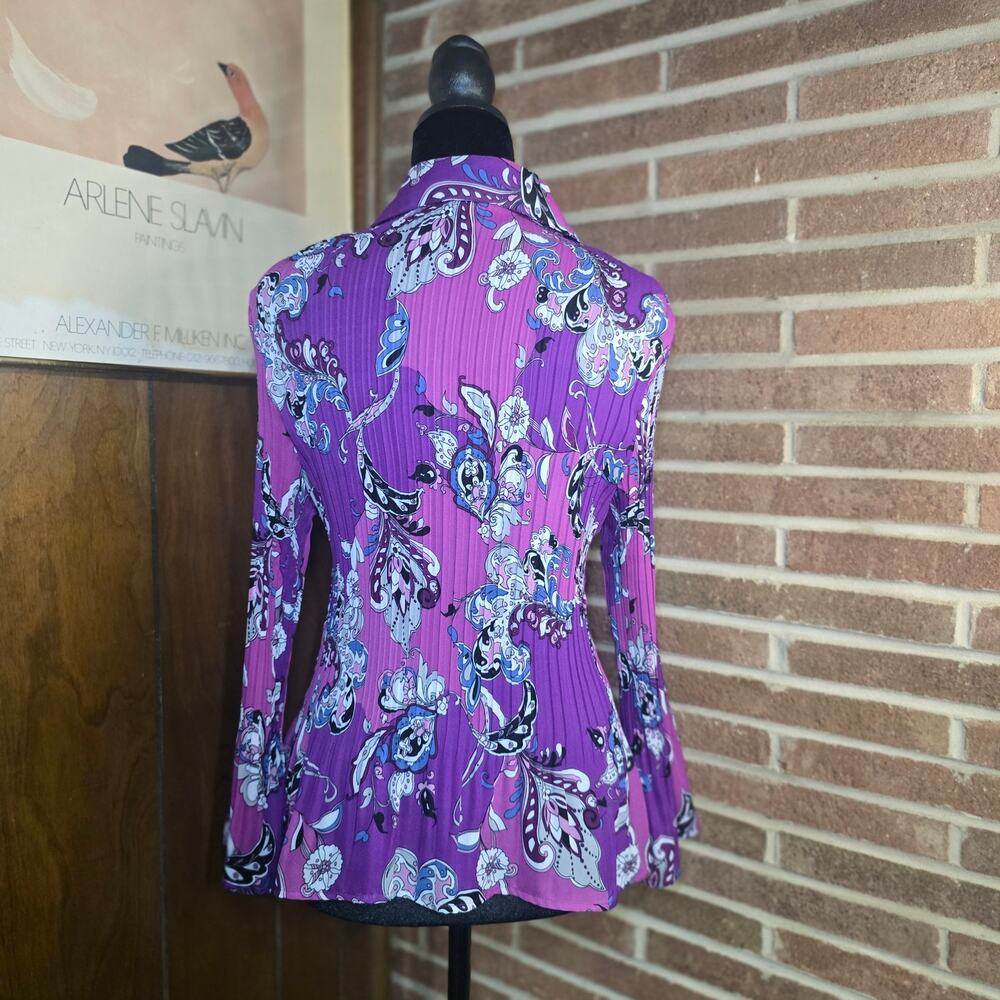 Sunny Leigh Pleated Ruffle Blouse M Purple Floral Paisley Long Sleeve Boho - Picture 6 of 7